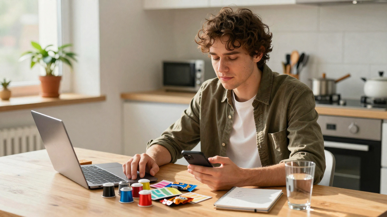 Homem jovem sentado à mesa com portátil, amostras de cores e cápsulas de café numa cozinha moderna.