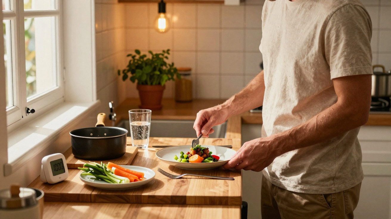 Pessoa a preparar uma refeição saudável com legumes frescos numa cozinha iluminada pela luz natural.