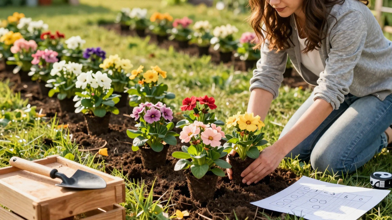 Mulher a plantar flores coloridas em jardim com ferramentas e plano de plantação ao lado.