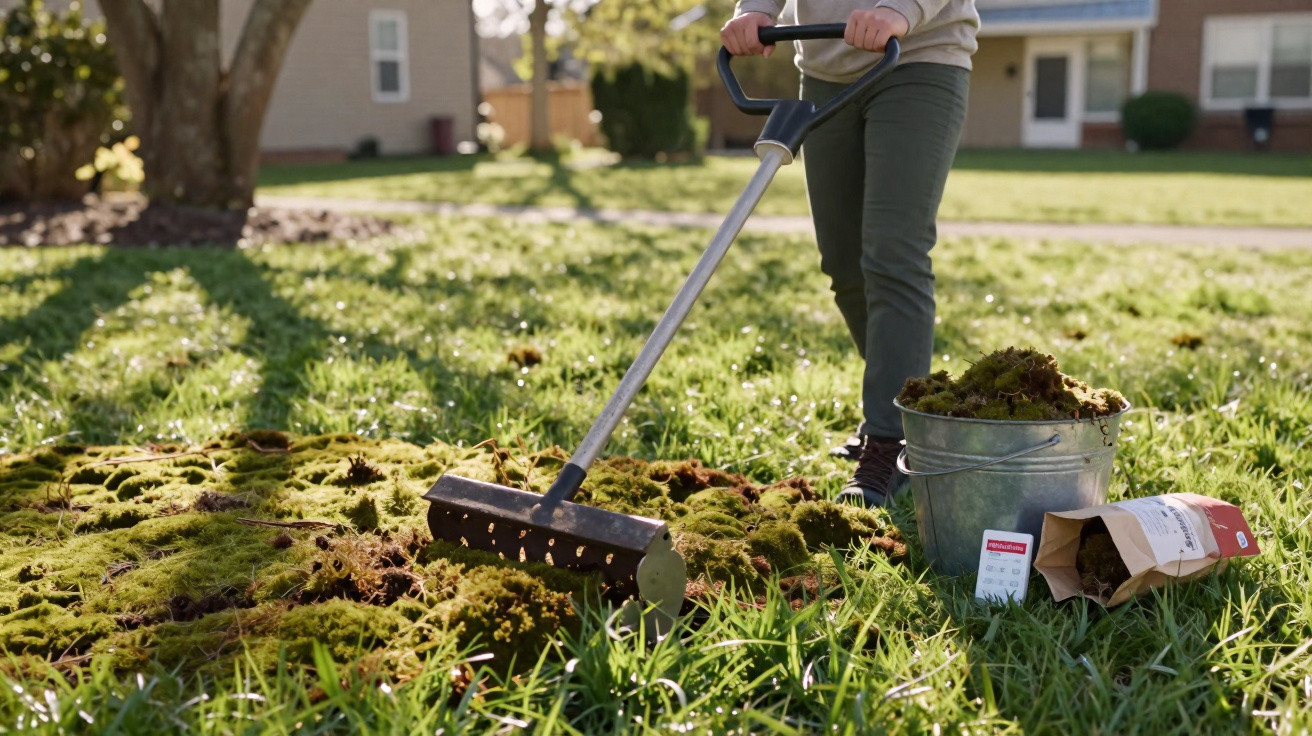 Pessoa a usar ferramenta para remover musgo de relvado num jardim doméstico ao sol.