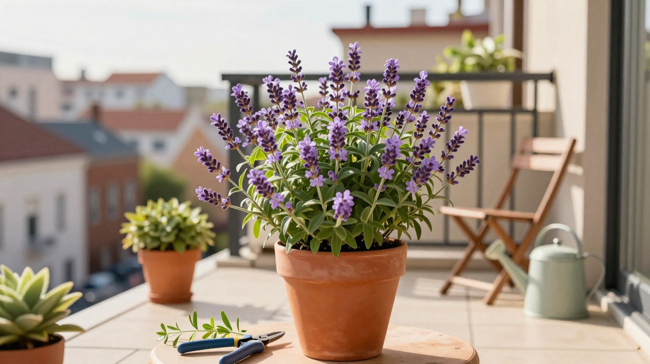 Vaso de terracota com planta de lavanda numa varanda ensolarada com cadeira de madeira e regador.