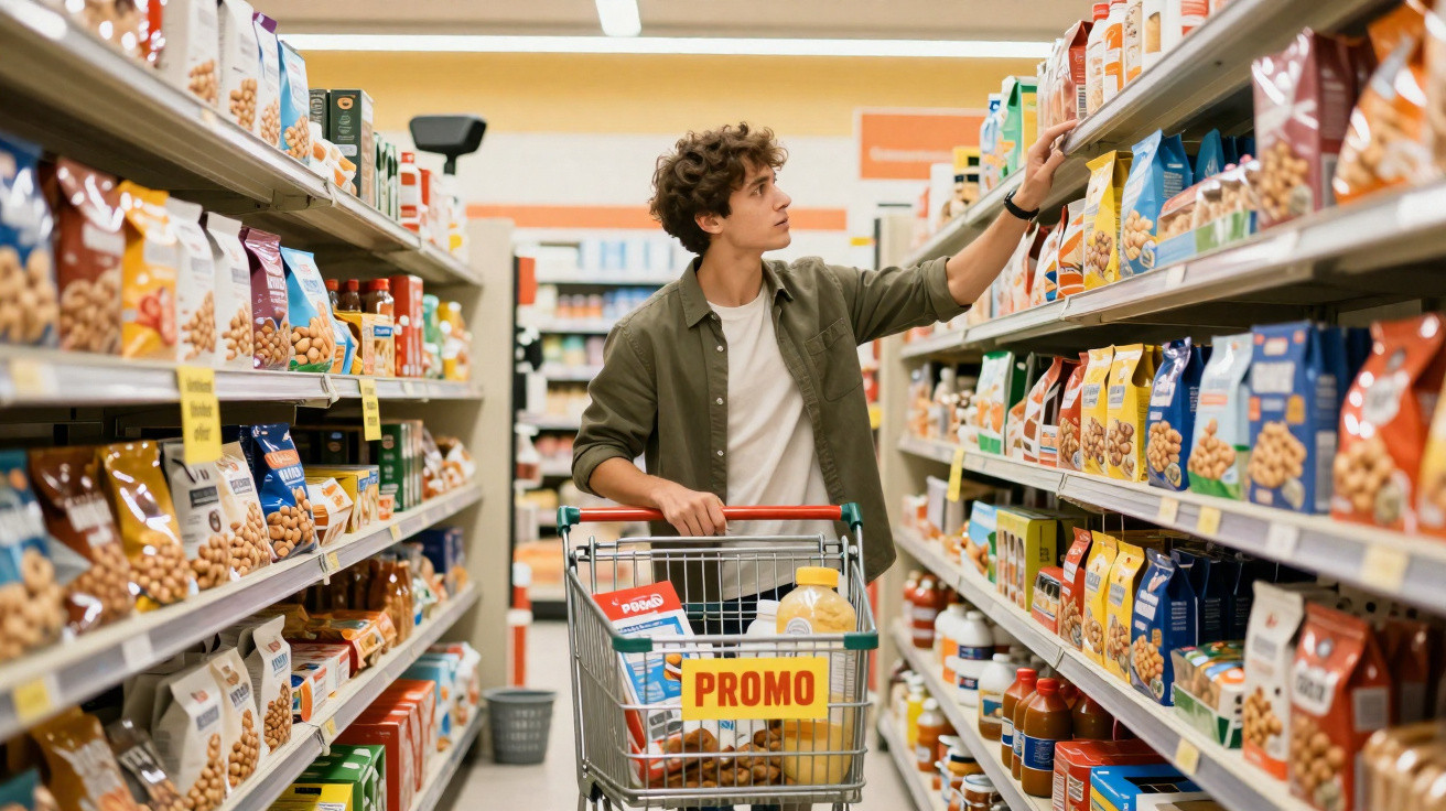 Jovem com carrinho de compras seleciona produtos numa prateleira de supermercado com etiqueta de promoção.