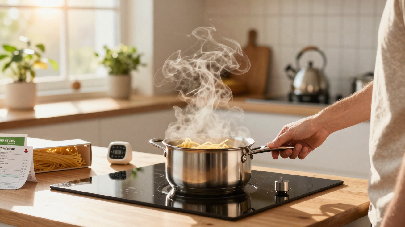 Pessoa a cozinhar massa numa panela elétrica a vapor numa cozinha iluminada pela luz natural.