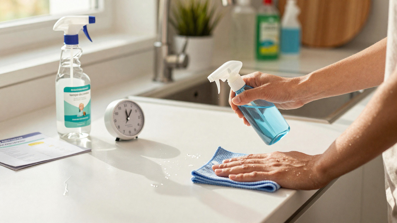 Mãos a limpar uma superfície de cozinha branca com um pano azul e pulverizador, com garrafas de limpeza e relógio ao fundo.