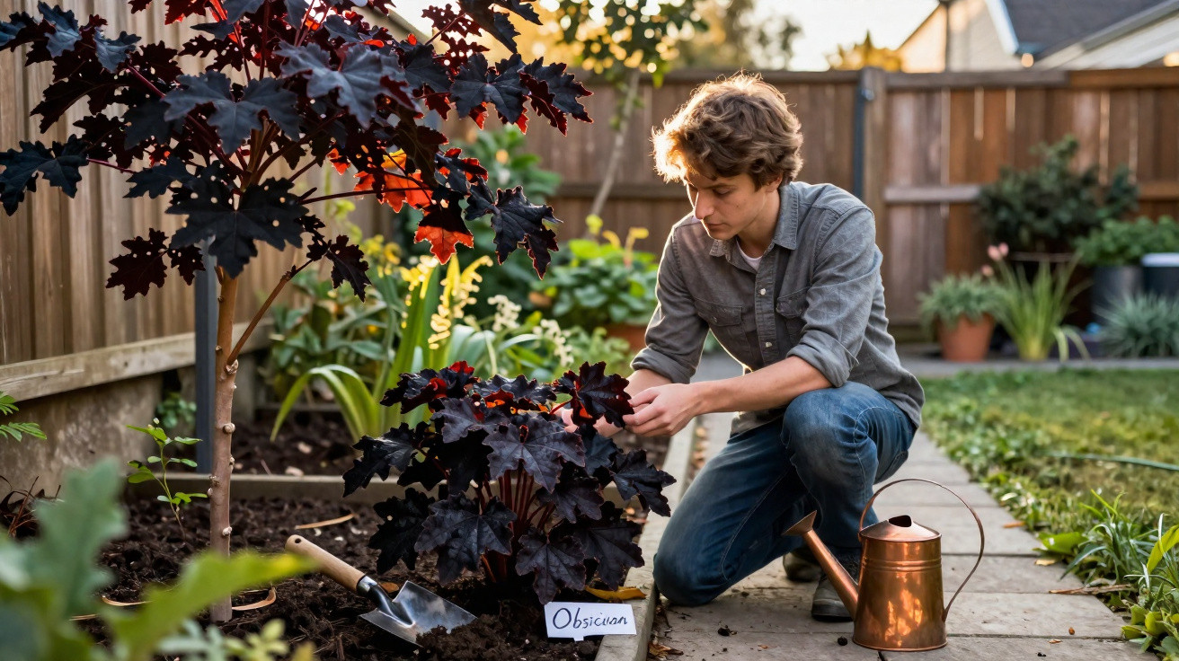 Jovem a cuidar de plantas num jardim com regador e enxada ao lado durante o pôr do sol.