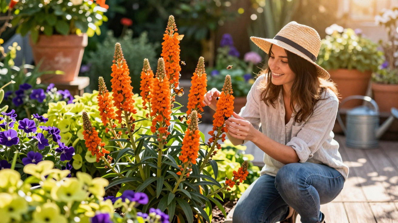 Mulher de chapéu cuida de flores laranja num jardim luminoso com outras flores coloridas à volta.