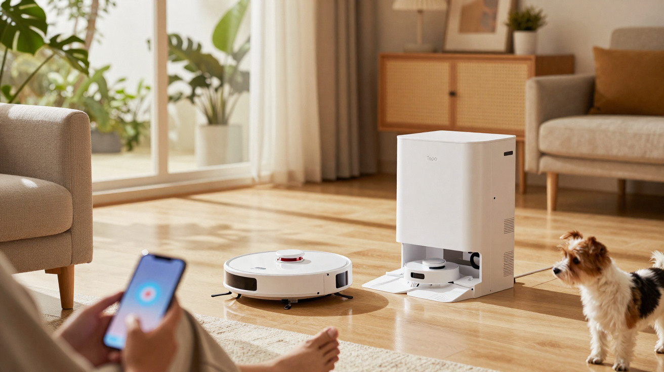 Pessoa controla aspirador robô branco com smartphone numa sala com cão pequeno, sofá e plantas.