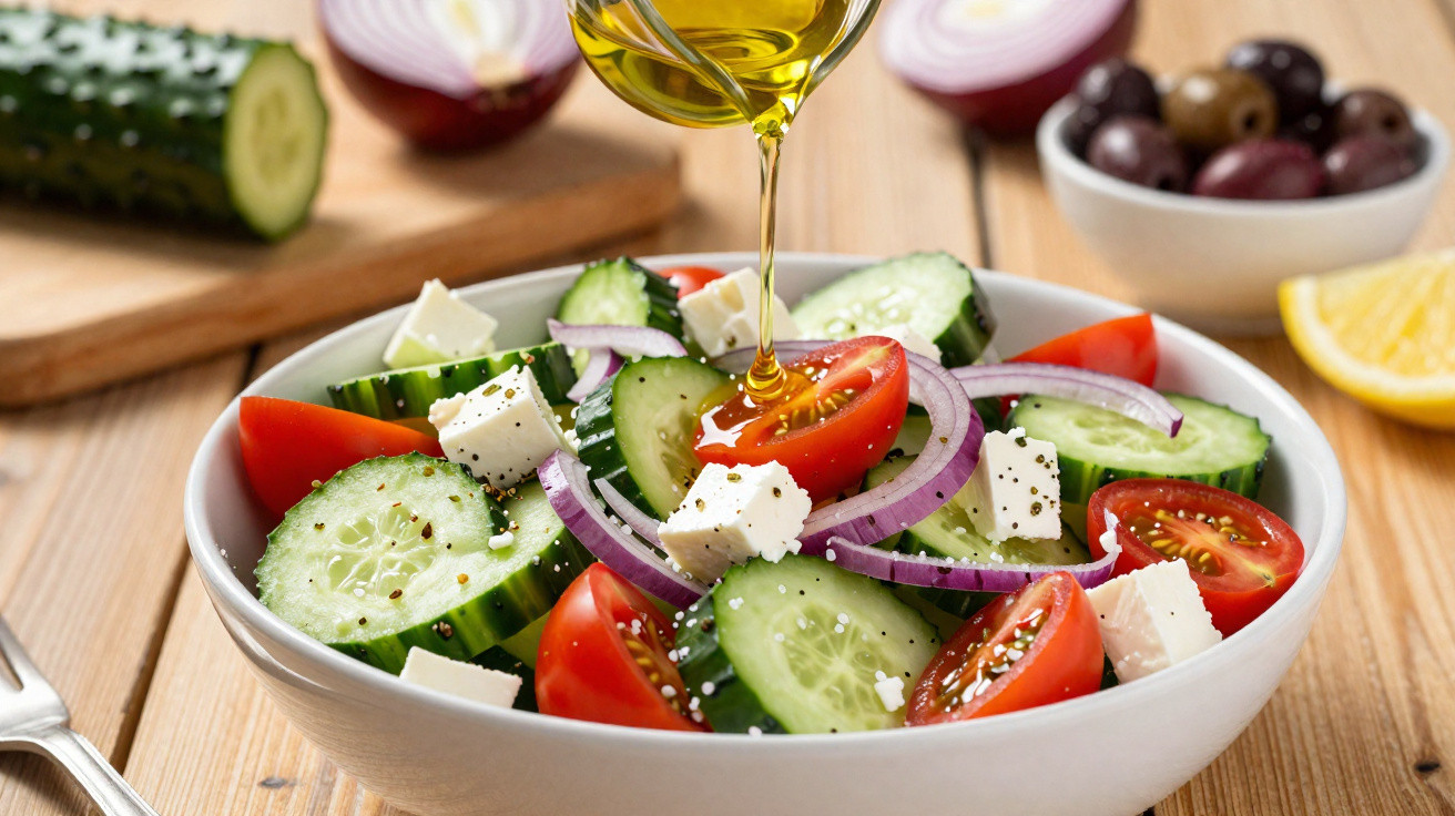 Taça com salada grega de pepino, tomate, cebola roxa e queijo feta com azeite a ser derramado por cima.