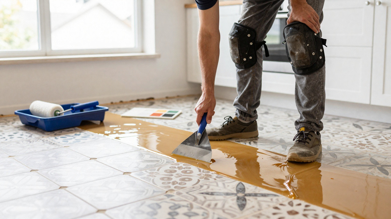 Pessoa a aplicar resina epóxi numa superfície de azulejo com espátula, em ambiente interior.