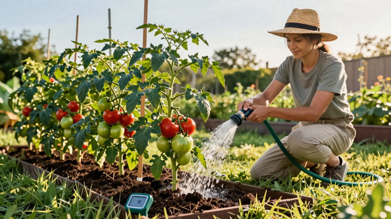 Pessoa a regar plantas de tomateiros com mangueira num jardim em dia de sol.