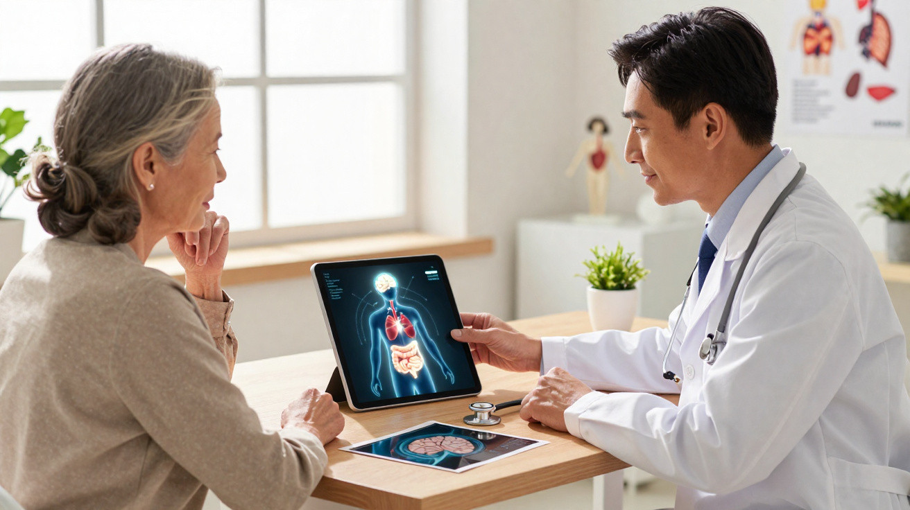 Médico explica exame digital de órgãos internos a paciente sénior numa consulta num consultório moderno.