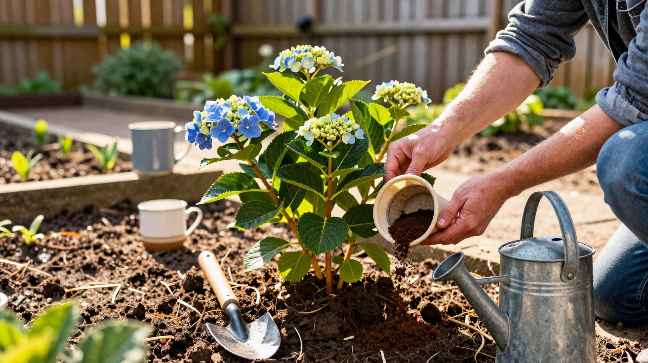 Pessoa a fertilizar planta com flores azuis num canteiro de jardim com regador e enxada.