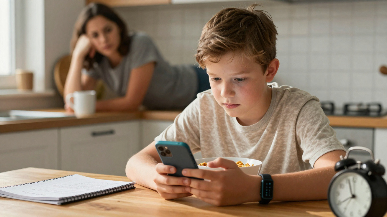 Rapaz concentra-se no telemóvel enquanto está à mesa com caderno, relógio e mulher ao fundo observando-o na cozinha.