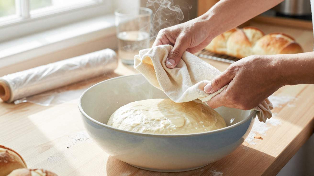 Mãos a cobrir massa de pão a levedar numa tigela com um pano de cozinha, em bancada de madeira.