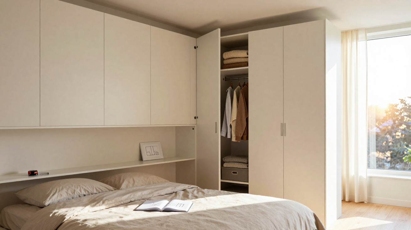 Quarto com cama arrumada, roupeiro branco aberto e janela grande com luz natural a entrar.