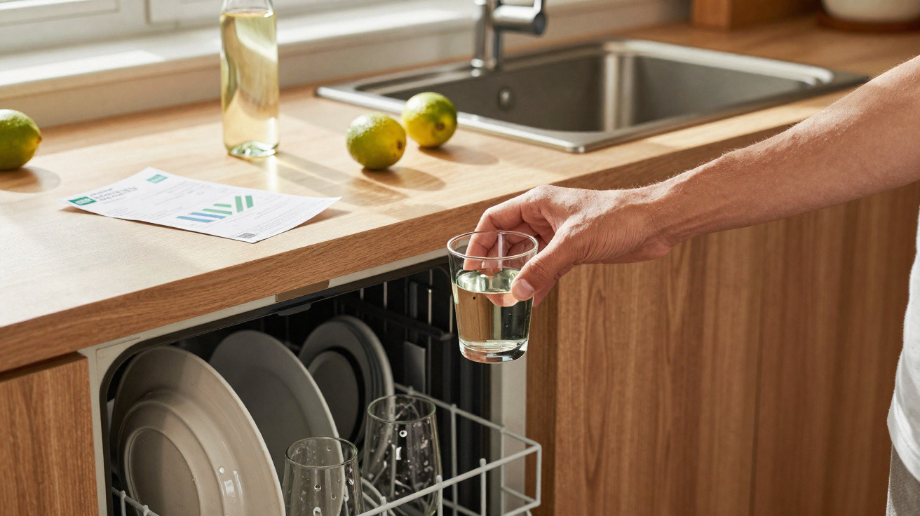 Pessoa a retirar copo de vidro de máquina de lavar loiça numa cozinha moderna com limões no balcão.