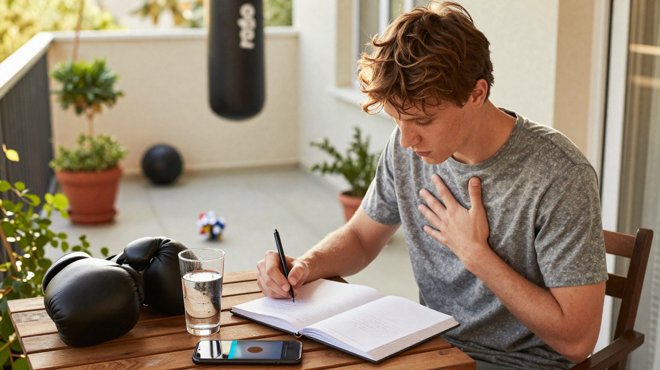 Jovem sentado numa varanda a escrever num caderno, com luvas de boxe, copo de água e telemóvel numa mesa de madeira.