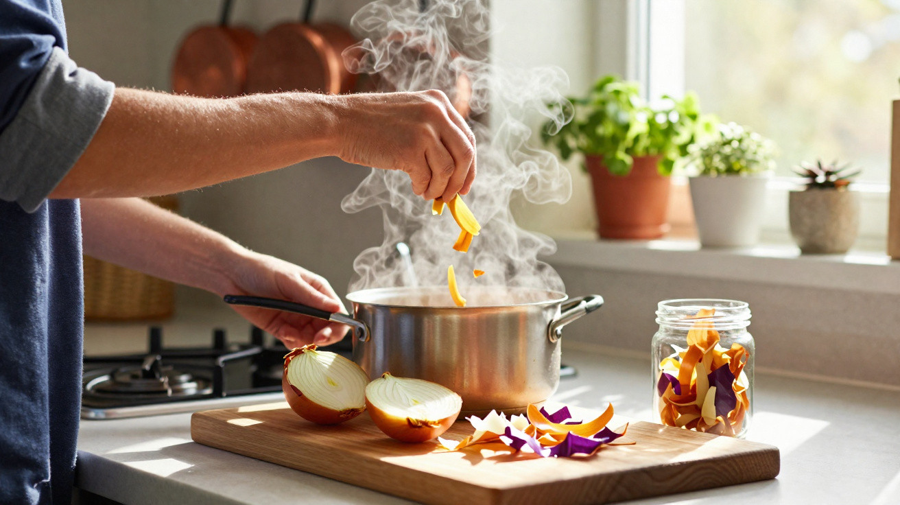 Pessoa a cozinhar legumes a vapor numa panela na cozinha iluminada pela luz natural.