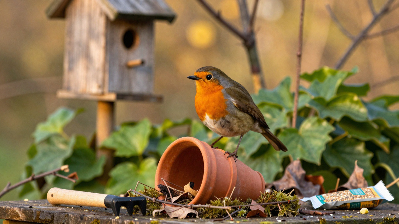 Pardal com peito vermelho pousado num vaso de barro de cabeça para baixo numa mesa com ferramentas de jardim e casa de pássar