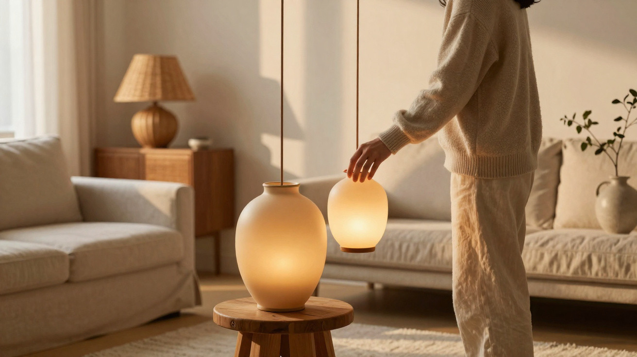 Pessoa a ajustar luminária de vidro fosco em sala com decoração neutra e luz quente amarela.