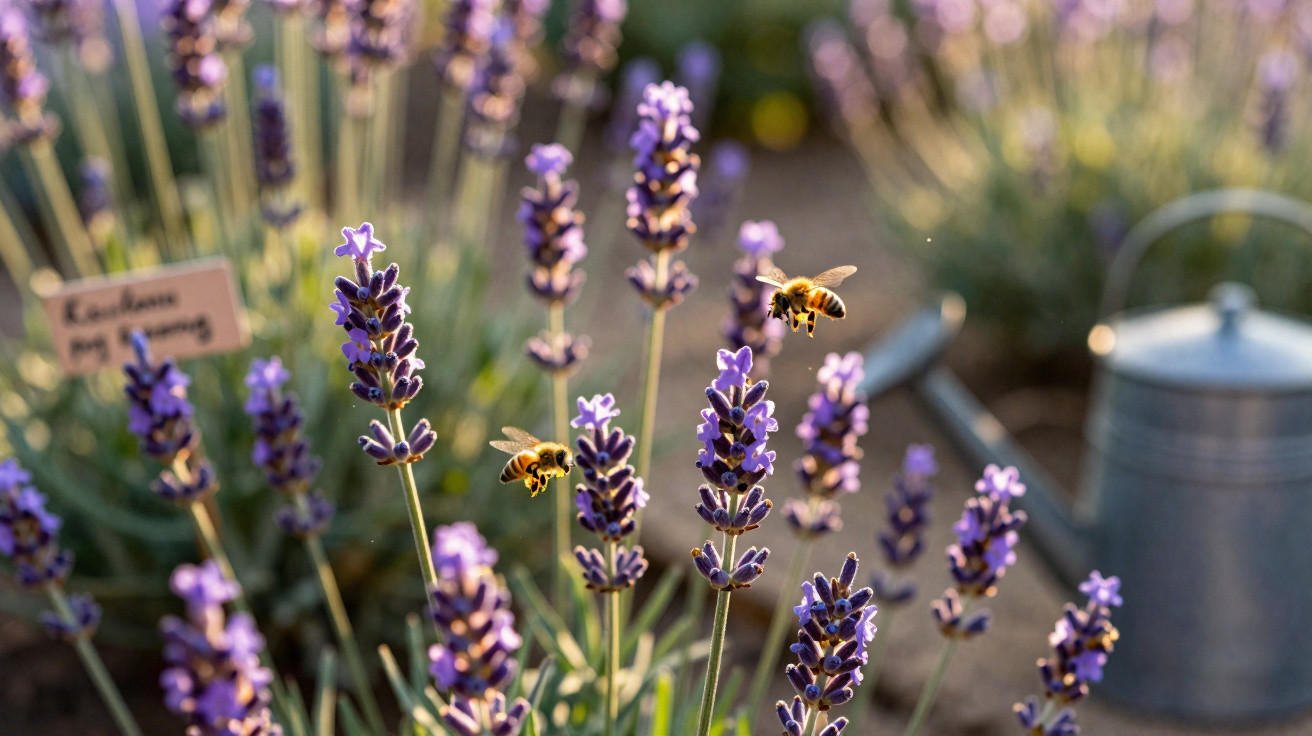 Abelhas a polinizar flores de lavanda roxas num jardim ao pôr do sol, com regador ao fundo.