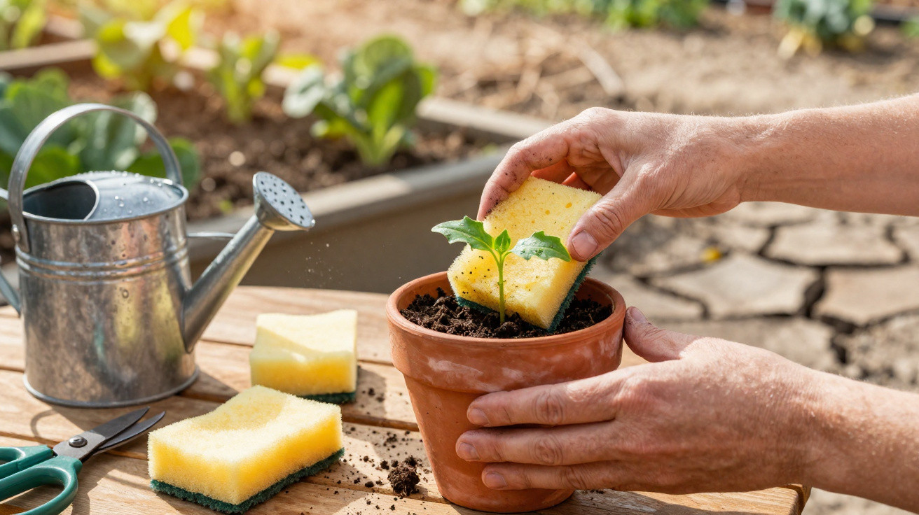 Mãos a regar uma planta em vaso de barro com uma esponja amarela num jardim com regador metálico ao lado.