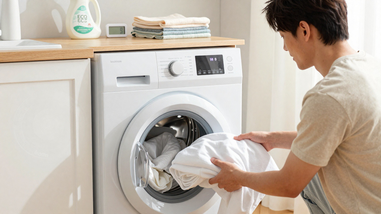 Homem a colocar roupa branca numa máquina de lavar roupa branca numa lavandaria doméstica.