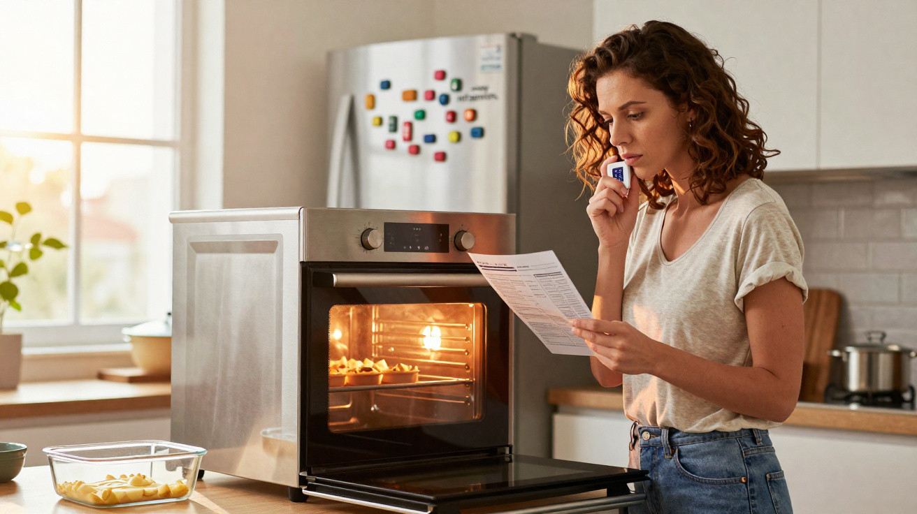 Mulher a ler instruções enquanto espera salgados assarem no forno numa cozinha moderna iluminada.