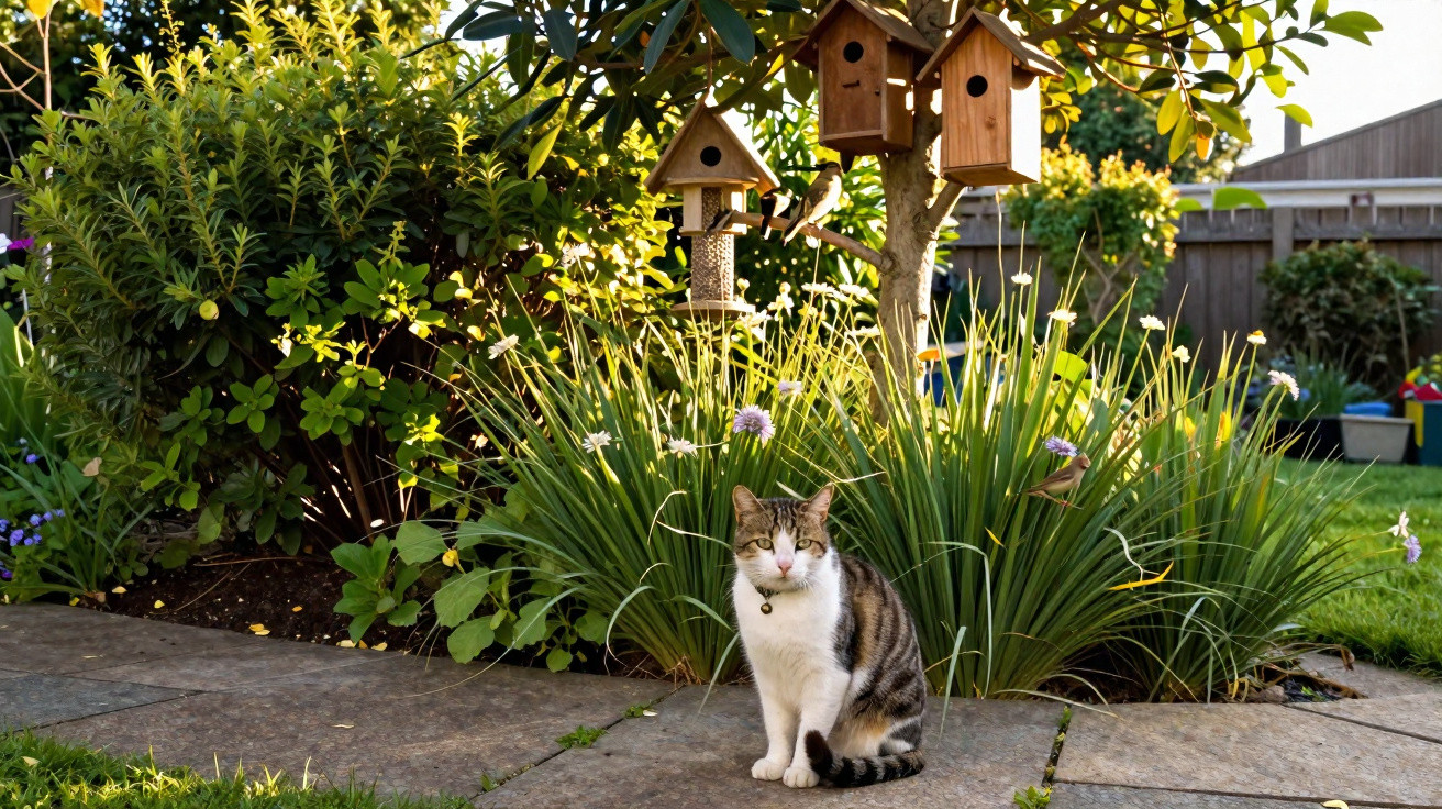 Gato sentado num jardim com várias plantas e três casinhas de pássaros penduradas numa árvore pequena.