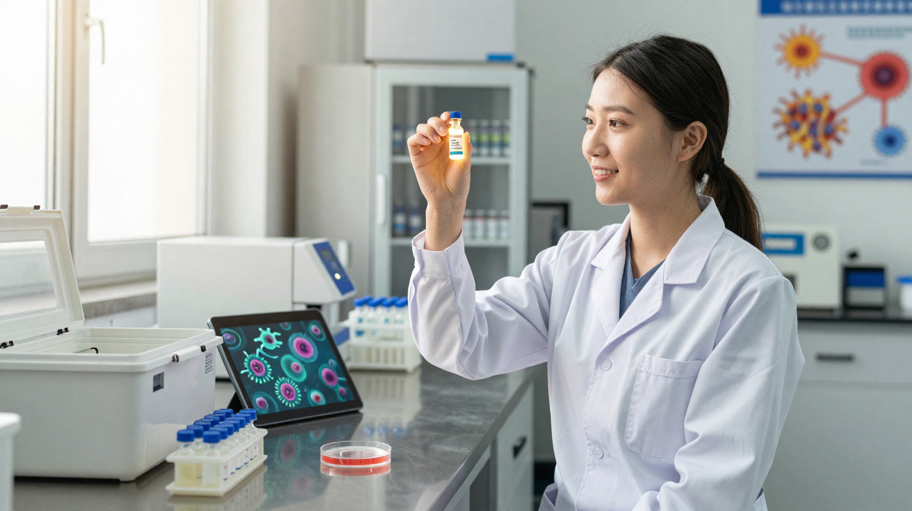 Cientista vestida com bata de laboratório segurando frasco com vacina à luz natural num laboratório moderno.