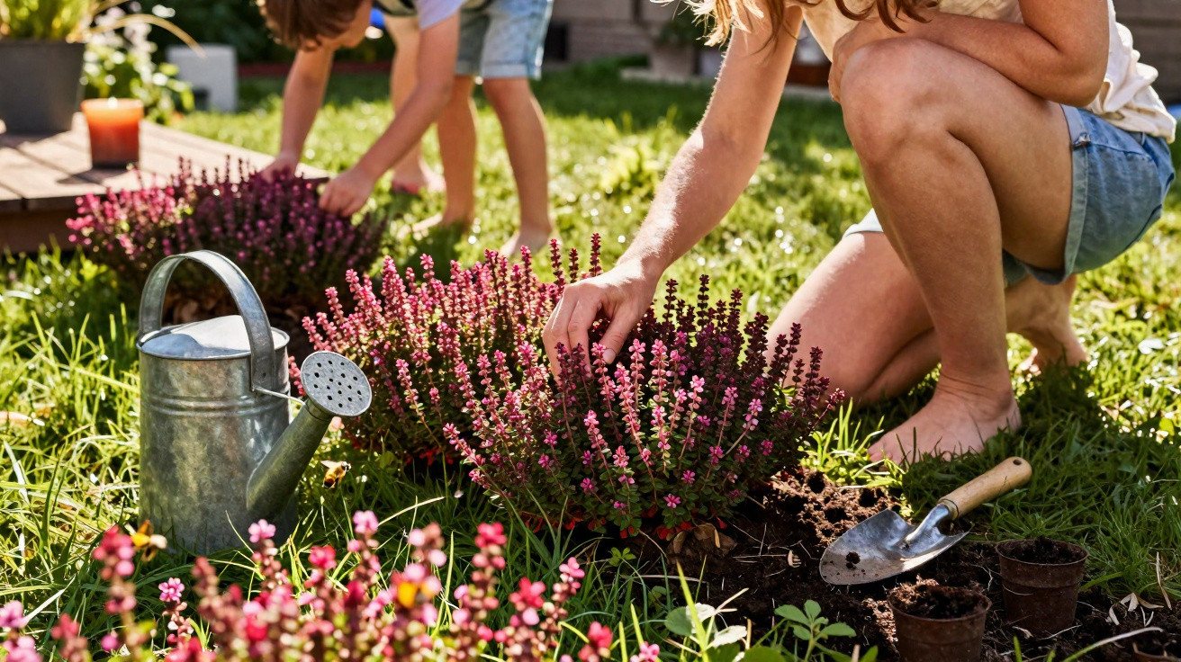 Pessoa a cuidar e plantar flores cor de rosa num jardim, com regador e ferramentas ao lado.