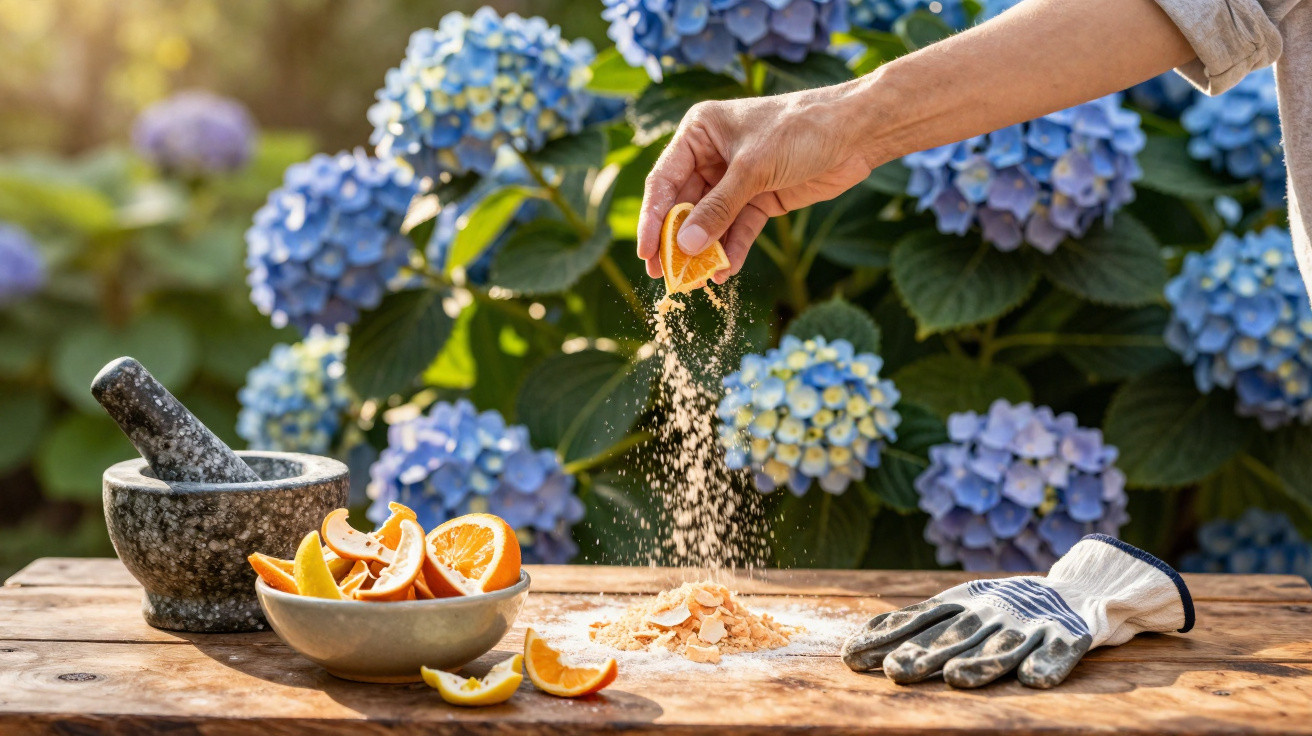 Mão a espremer uma laranja sobre uma mesa de madeira com tigela, almofariz e luvas, flores azuis ao fundo.