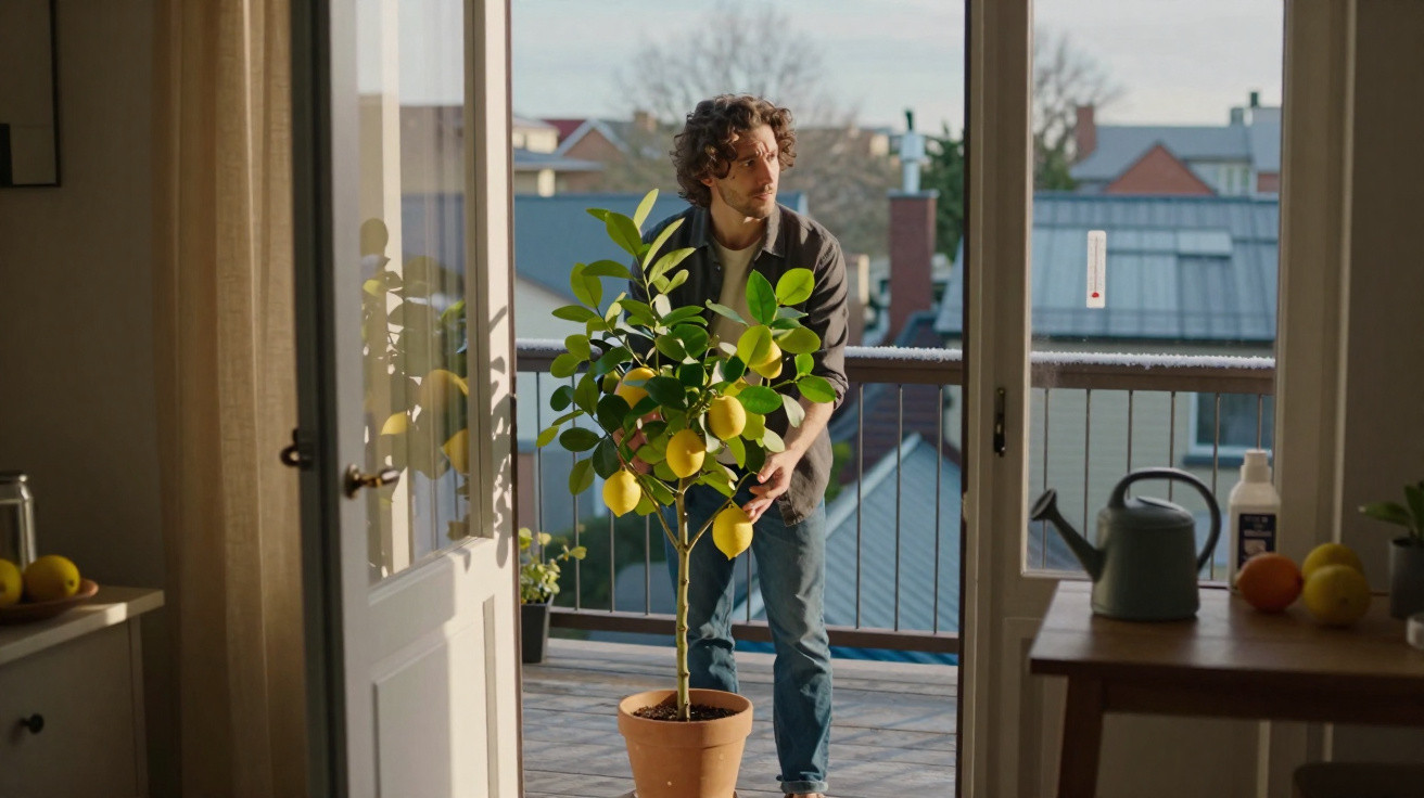 Homem a colocar uma planta de limoeiro num vaso no terraço de uma casa durante o dia.