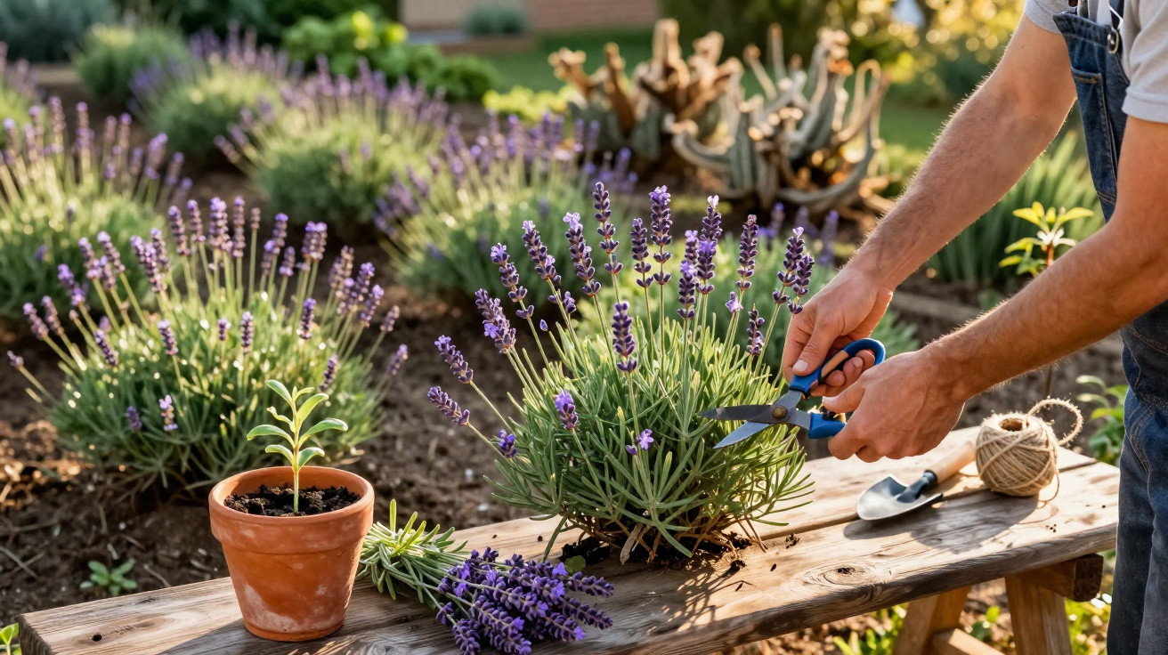 Pessoa a podar plantas de lavanda num jardim ensolarado com ferramentas de jardinagem numa mesa de madeira.