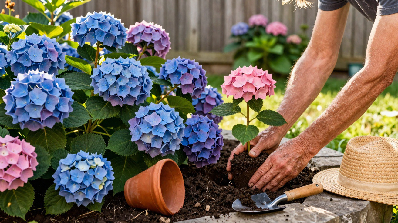 Pessoa a plantar hortênsia cor-de-rosa num jardim com várias flores de hortênsia azuis e cor-de-rosa.