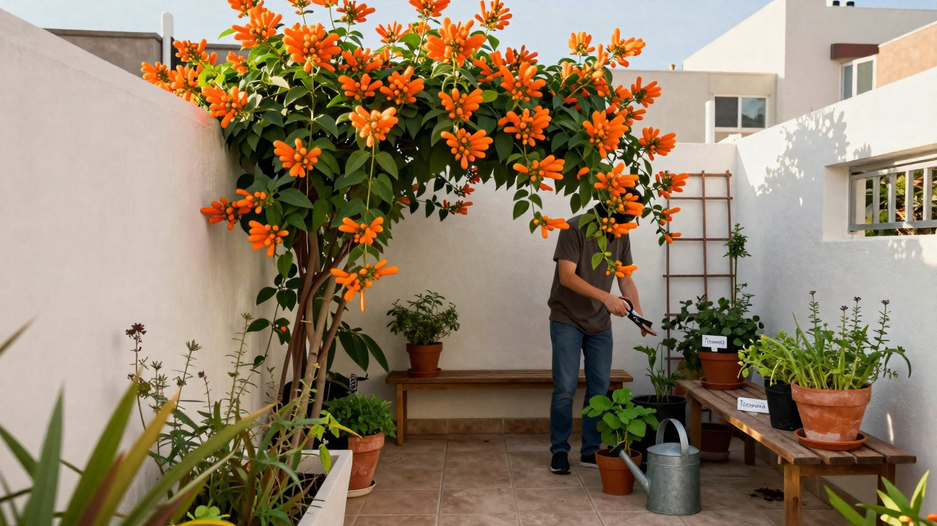 Pessoa a cuidar de plantas num pátio com parede branca e flor laranja pendente a sombrear o espaço.
