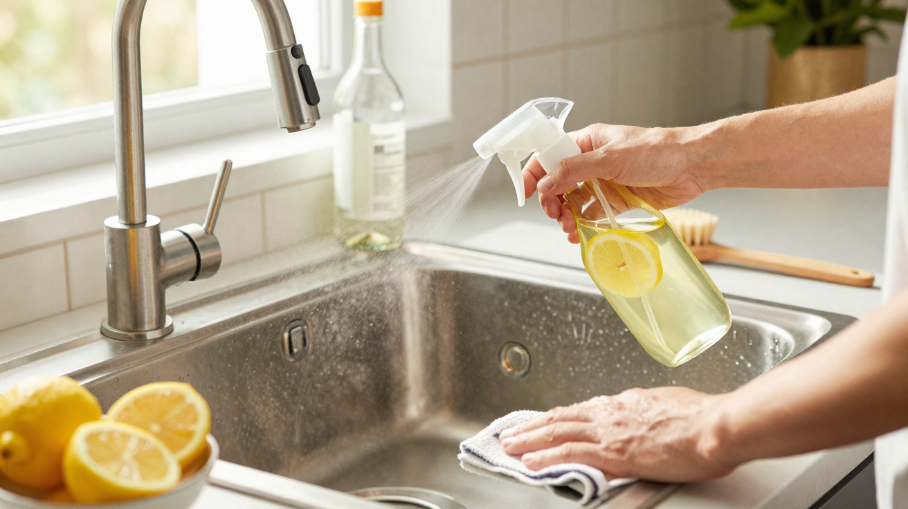 Pessoa a limpar uma pia de cozinha com spray caseiro de limão e um pano.