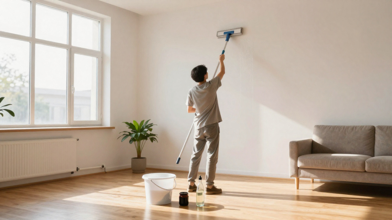 Criança a limpar parede branca numa sala luminosa com sofá cinza, planta e balde no chão.