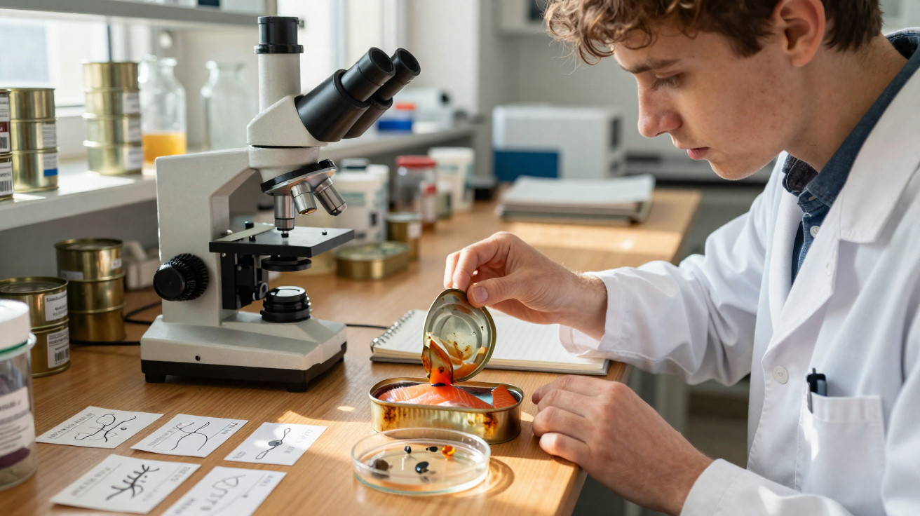 Cientista a examinar sardinhas enlatadas com microscópio num laboratório bem iluminado.