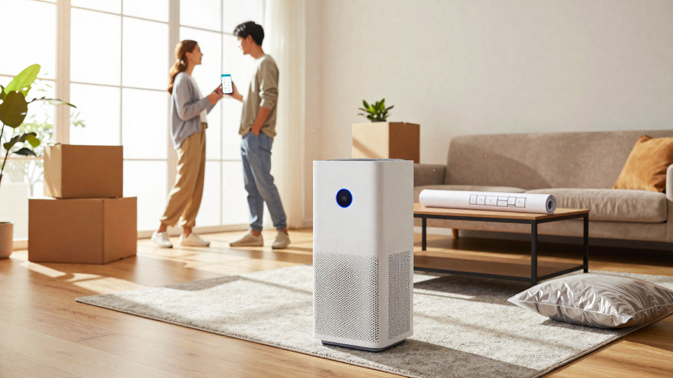 Purificador de ar branco numa sala com casal a conversar junto a caixas de mudança e mobiliário moderno.