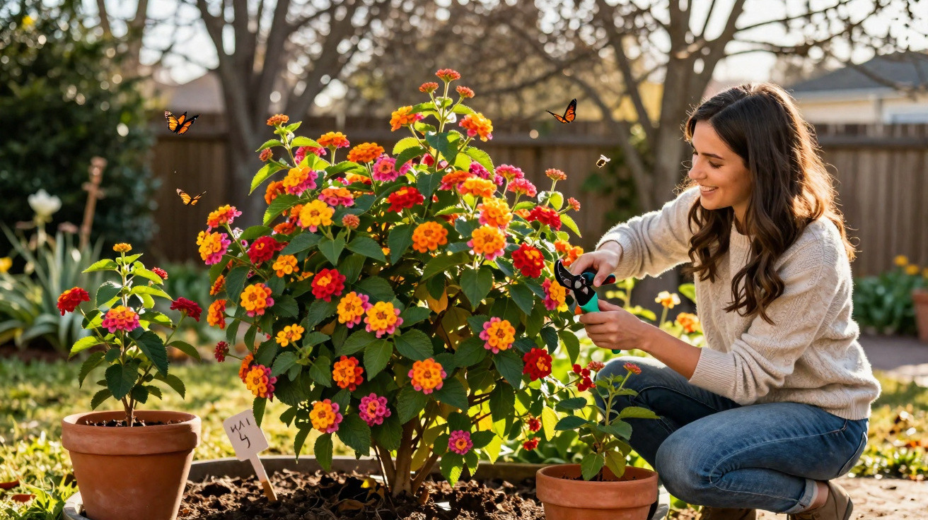 Mulher a sorrir a cuidar de flores coloridas num jardim com várias borboletas à volta ao entardecer.