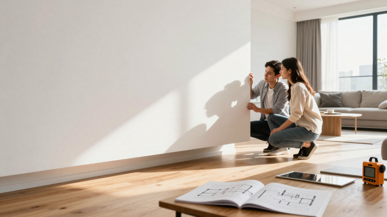 Casal jovem a inspeccionar parede numa sala moderna com planta de construção numa mesa à frente.