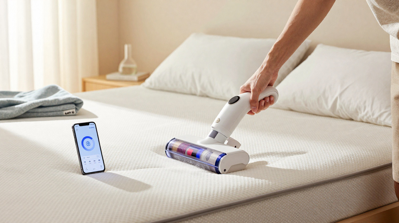 Pessoa a limpar colchão com aspirador sem fios branco, móvel com vidro e telemóvel ao lado.