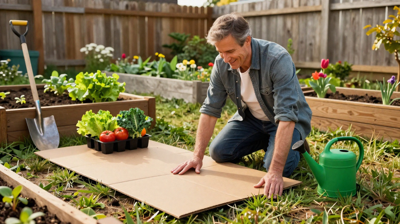 Homem a preparar terreno no jardim com regador, enxada e vegetais frescos perto.