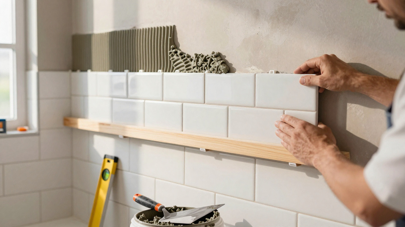 Pessoa a instalar azulejos brancos numa parede interior com ferramentas de construção visíveis.