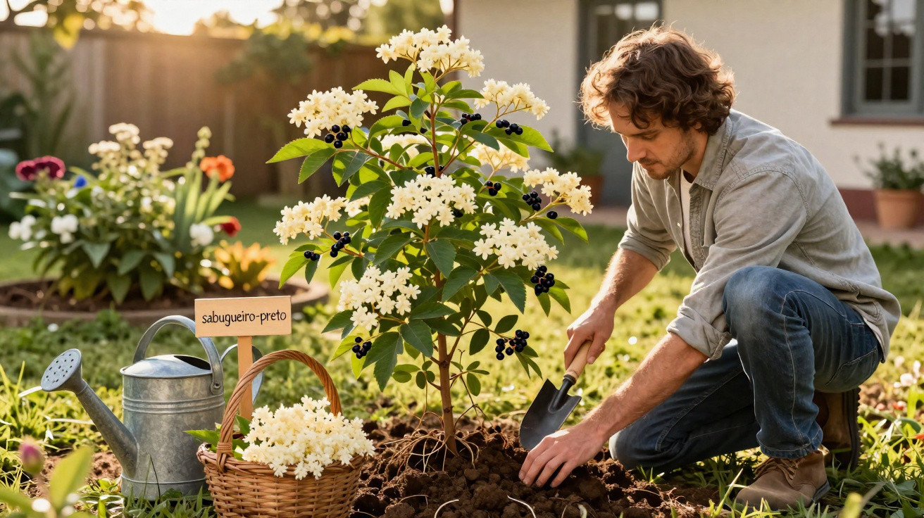 Homem a plantar sabugueiro-preto num jardim ensolarado, com regador e cesto de flores ao lado.