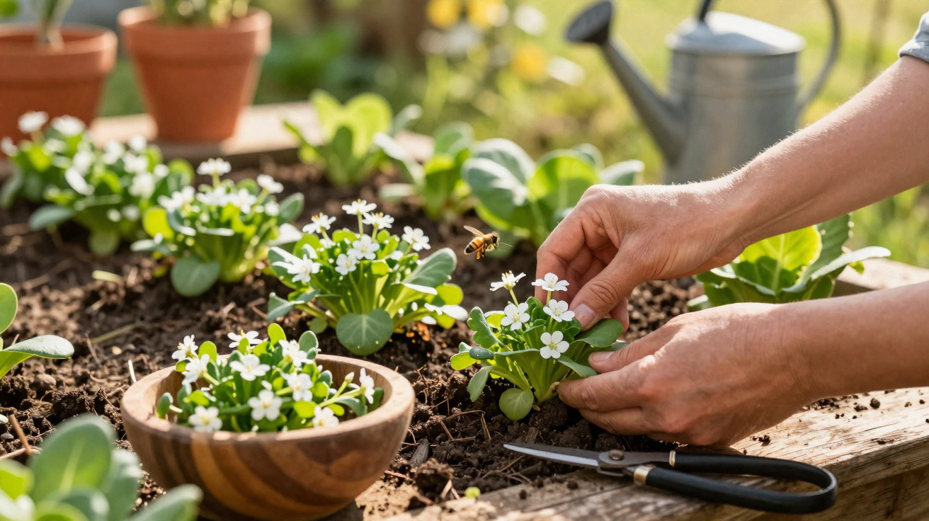 Mãos a cuidar de flores brancas num canteiro com tesoura e regador ao fundo num jardim ensolarado.
