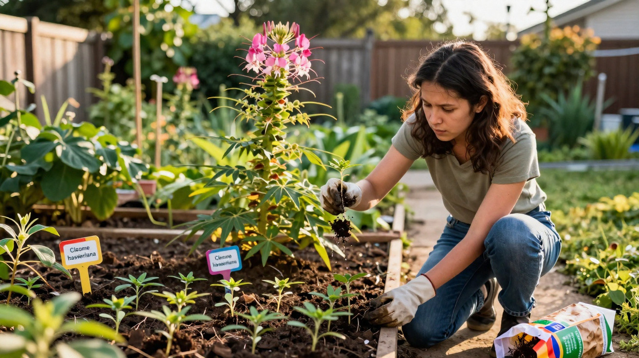 Mulher a cuidar de plantas num jardim ensolarado enquanto usa luvas de jardinagem.