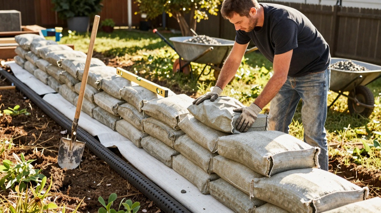 Homem a construir muro com sacos de areia num jardim, usando luvas e ferramentas de trabalho.