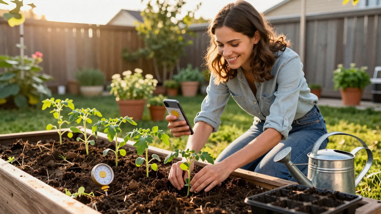 Mulher sorridente a cuidar de plantas numa horta com regador, termómetro e telemóvel no jardim.
